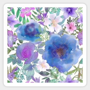 Blue roses and bellflowers.Vibrant watercolor wild flowers print Sticker